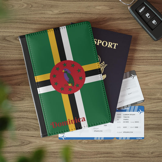 A sleek faux leather passport cover featuring the vibrant flag of Dominica, with the country&#39;s name displayed in a stylish font. This travel accessory offers RFID-blocking protection and compartments for cards and boarding passes.