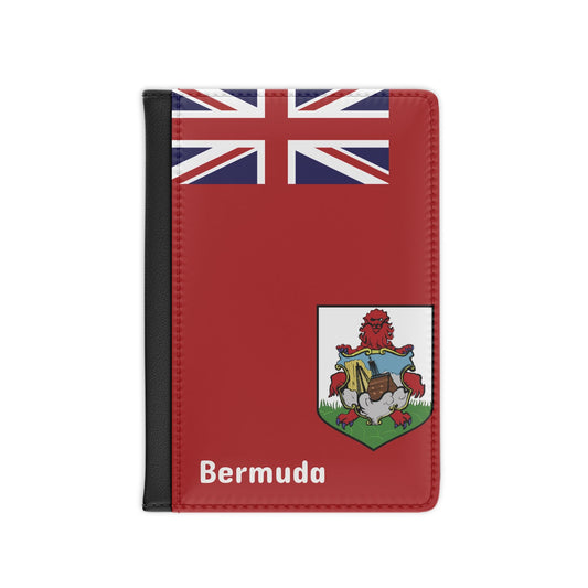 A sleek faux leather passport cover featuring the vibrant flag Bermuda, with the country&#39;s name displayed in a stylish font. This travel accessory offers RFID-blocking protection and compartments for cards and boarding passes.