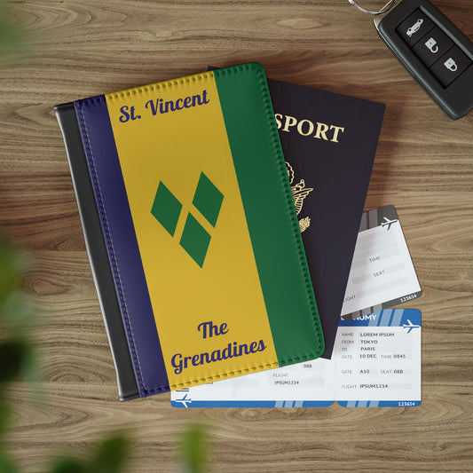 A sleek faux leather passport cover featuring the vibrant flag of St. Vincent & The Grenadines, with the country name displayed in a stylish font. This travel accessory offers RFID-blocking protection and compartments for cards and boarding passes.