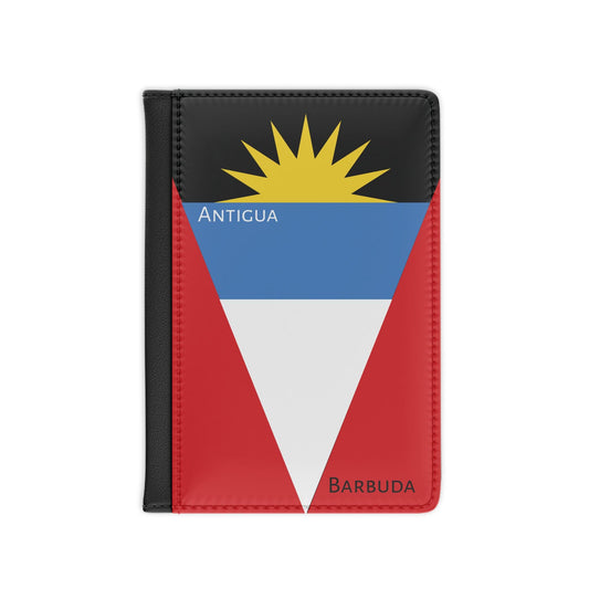 A sleek faux leather passport cover featuring the vibrant flag of Antigua & Barbuda, with the country&#39;s name displayed in a stylish font. This travel accessory offers RFID-blocking protection and compartments for cards and boarding passes.