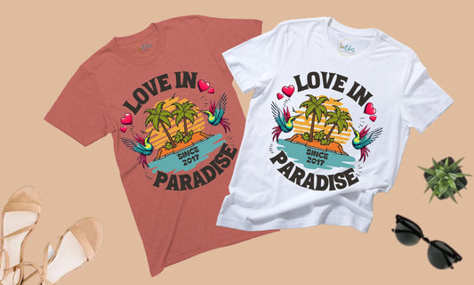 A charming T-shirt featuring two love birds, personalized with the couple&#39;s special date. Perfect for Valentine&#39;s Day or any romantic occasion, especially a cruise.