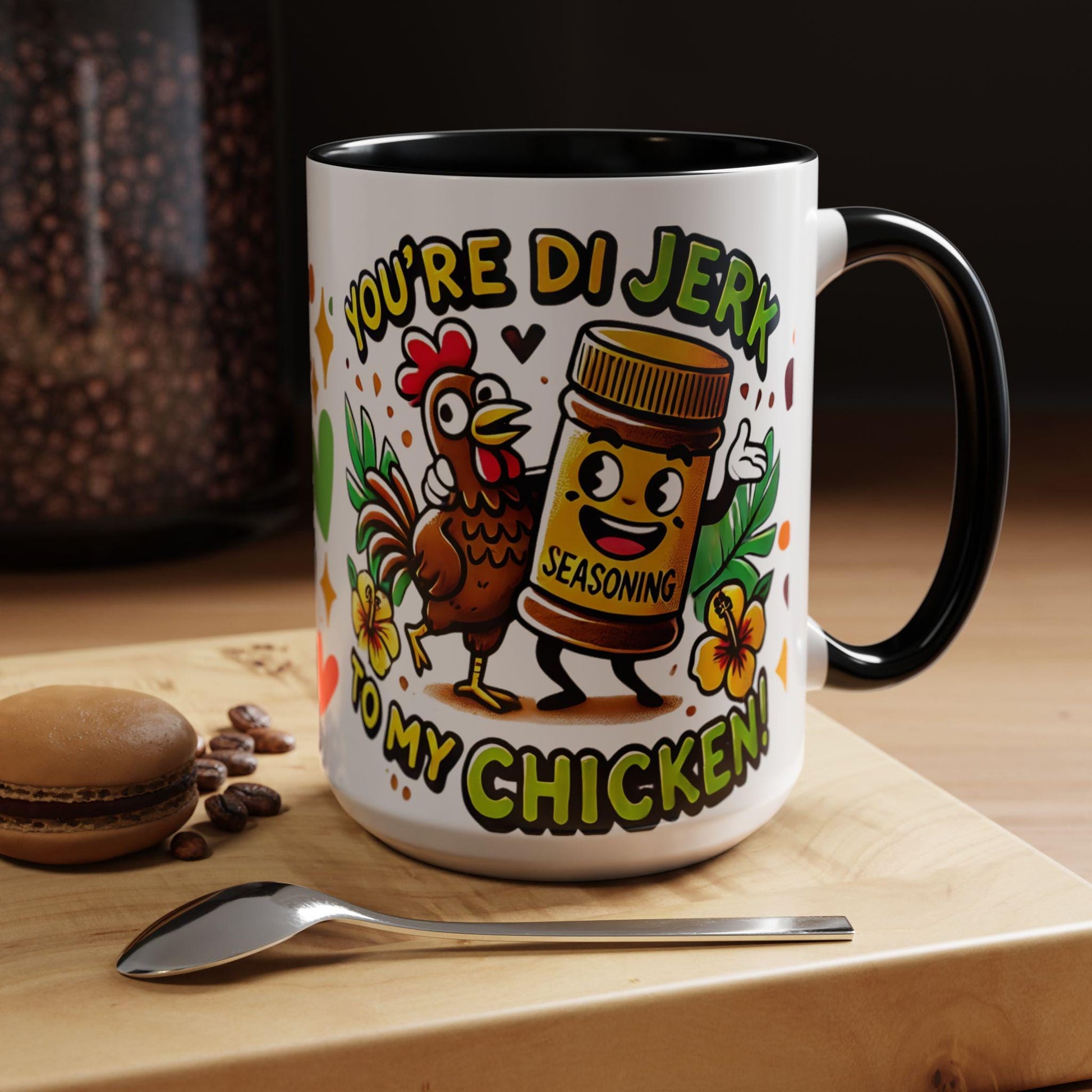 Coffee Mugs with Funny Jerk Chicken and Ackee and Saltfish Cartoon, Caribbean Island Lovers, Gift for Valentine's Day, V-Day Island Gift