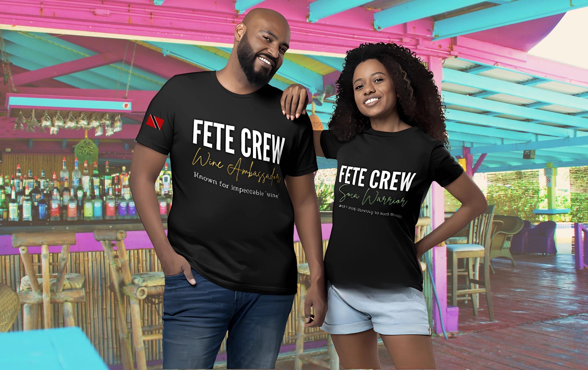 A unisex T-shirt featuring bold Caribbean flag designs, perfect for carnival fetes and soca parties. The shirt has a fun, festive vibe, ideal for group celebrations and showcasing island pride. Designed with a relaxed fit and bright colors.