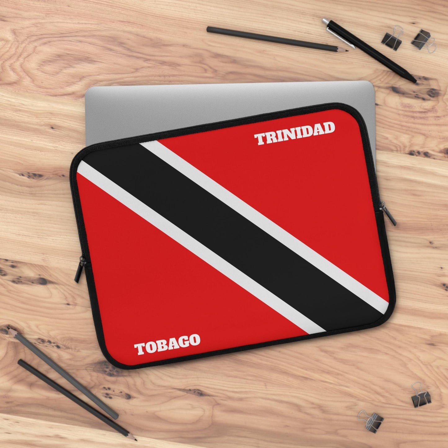 Trinidad & Tobago Flag Laptop Tablet Sleeve. Caribbean Flag Protective Computer Case featuring the island flag design. Ideal for iPads and suitable for travel, making it a perfect accessory for Trinidadian pride.