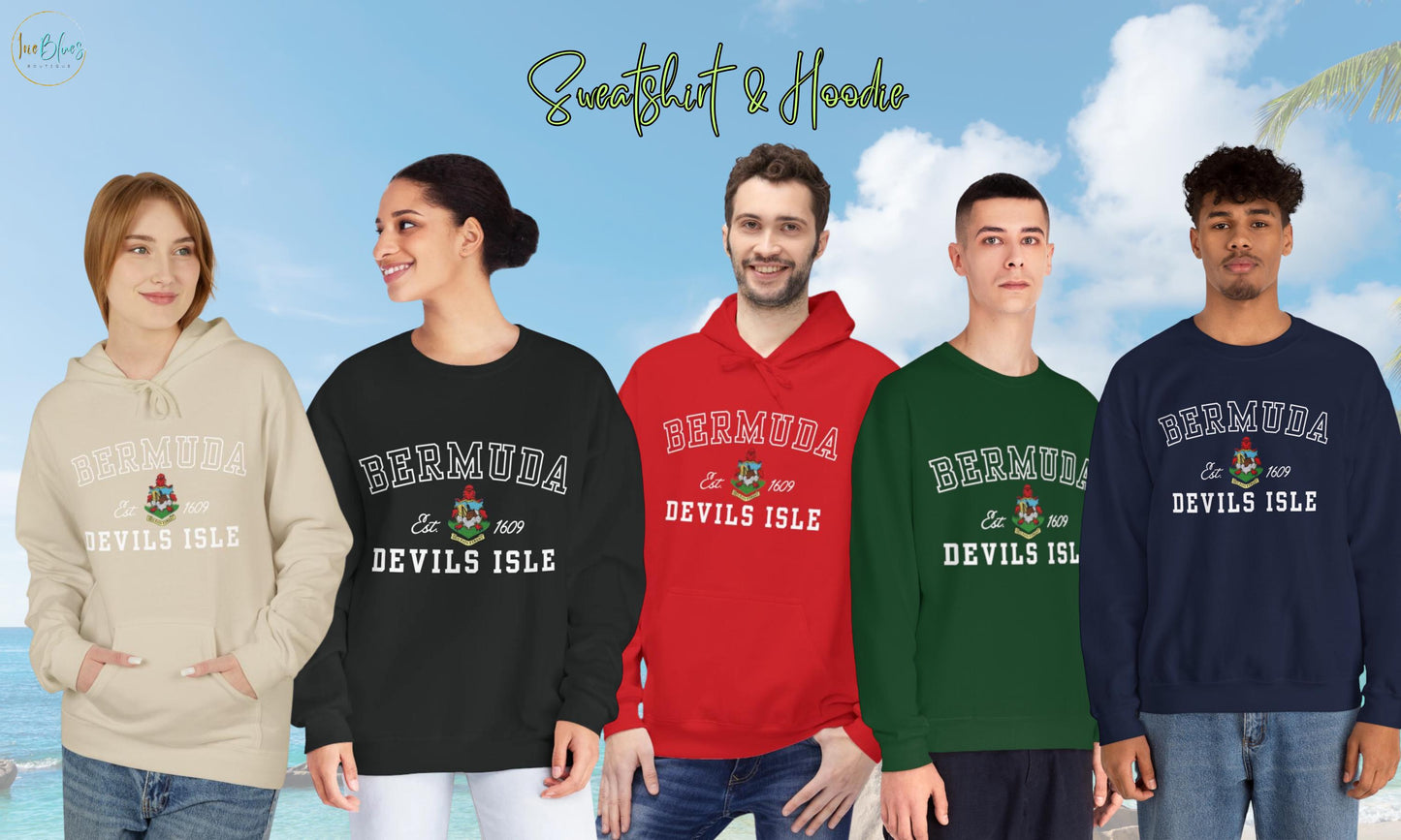 Bermuda Coat of Arms Sweatshirt & Hoodie with &quot;Bermuda&quot; written in Classic College Font. Features the Bermuda Coat of Arms, along with the year Bermuda became independent. Available in multiple colors and unisex.