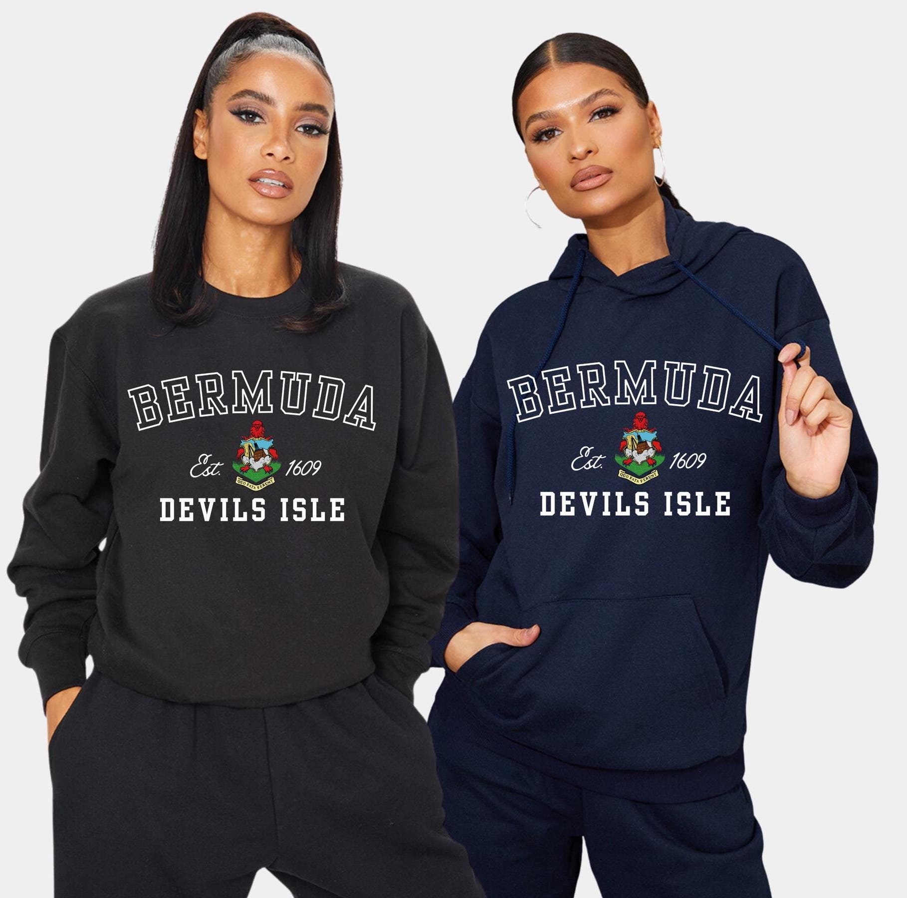 Bermuda Coat of Arms Sweatshirt & Hoodie with &quot;Bermuda&quot; written in Classic College Font. Features the Bermuda Coat of Arms, along with the year Bermuda became independent. Available in multiple colors and unisex.