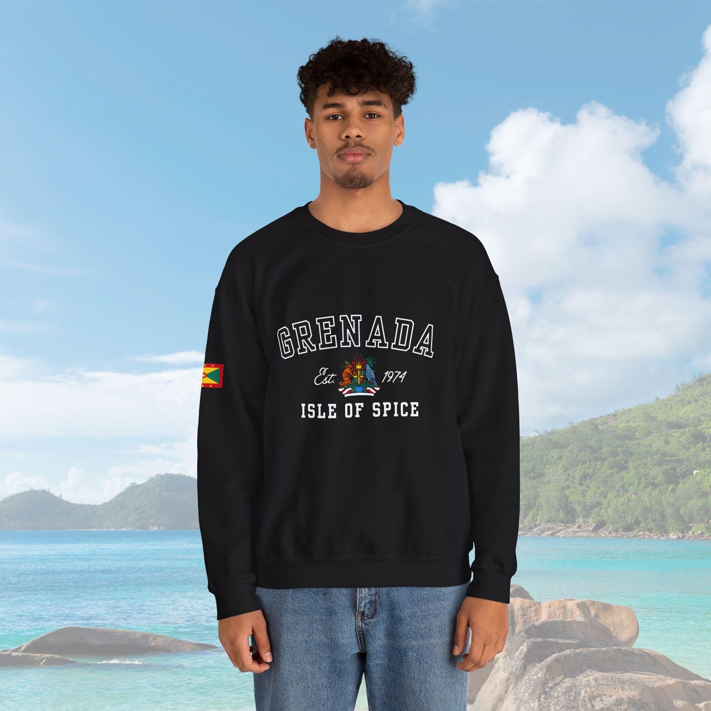 Grenada-inspired varsity sweatshirt featuring the Grenada flag graphic, the island’s independence year, and the Coat of Arms. This stylish sweatshirt showcases bold colors and a design celebrating Grenada’s rich heritage.