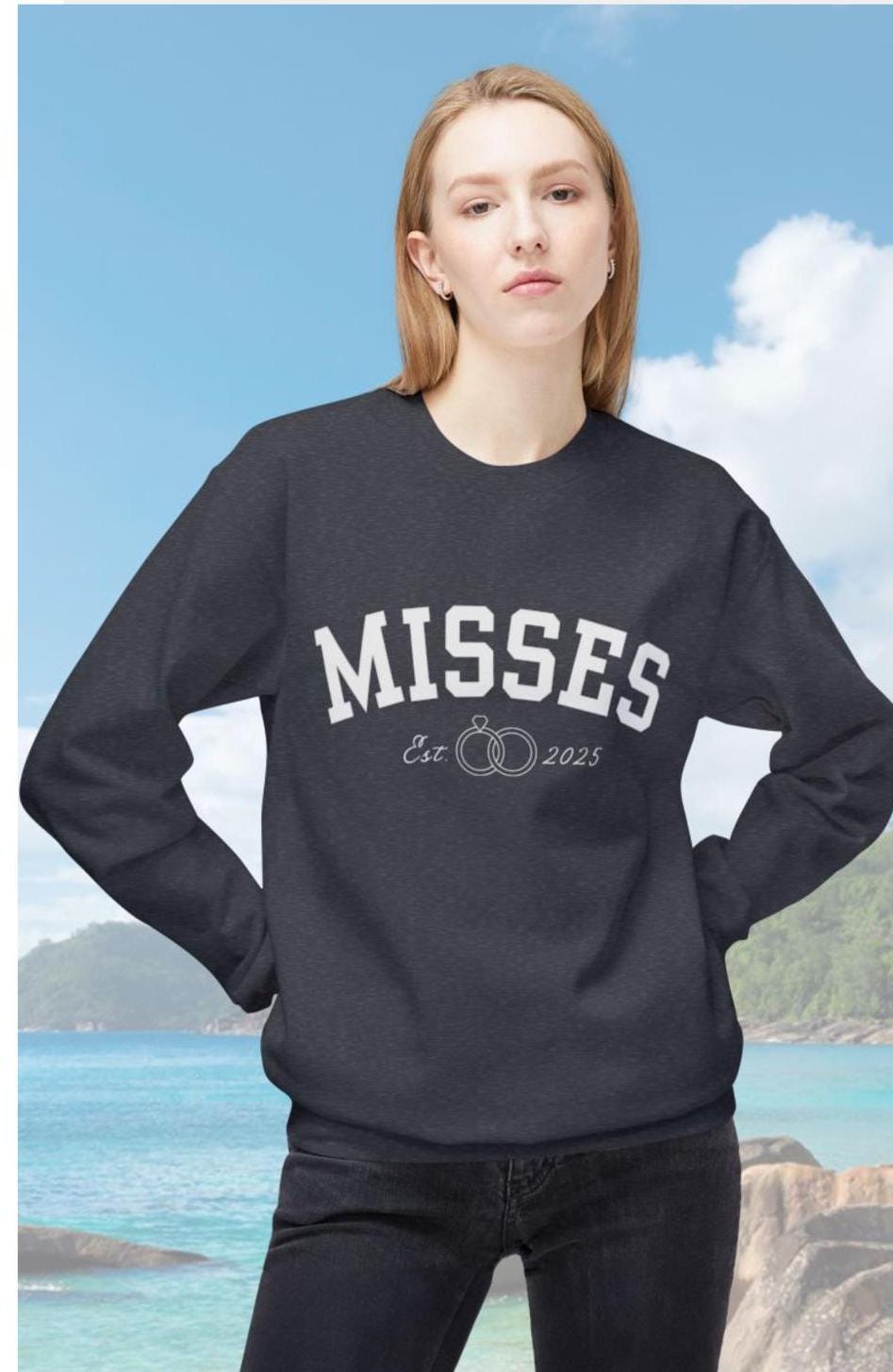 A stylish misses sweatshirt featuring a personalized date design, perfect for Caribbean women. The sweatshirt celebrates newlyweds with a ring design making it an ideal wedding gift, bridal shower present for a Caribbean bride.