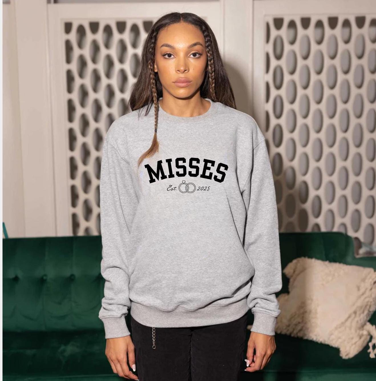 A stylish misses sweatshirt featuring a personalized date design, perfect for Caribbean women. The sweatshirt celebrates newlyweds with a ring design making it an ideal wedding gift, bridal shower present for a Caribbean bride.