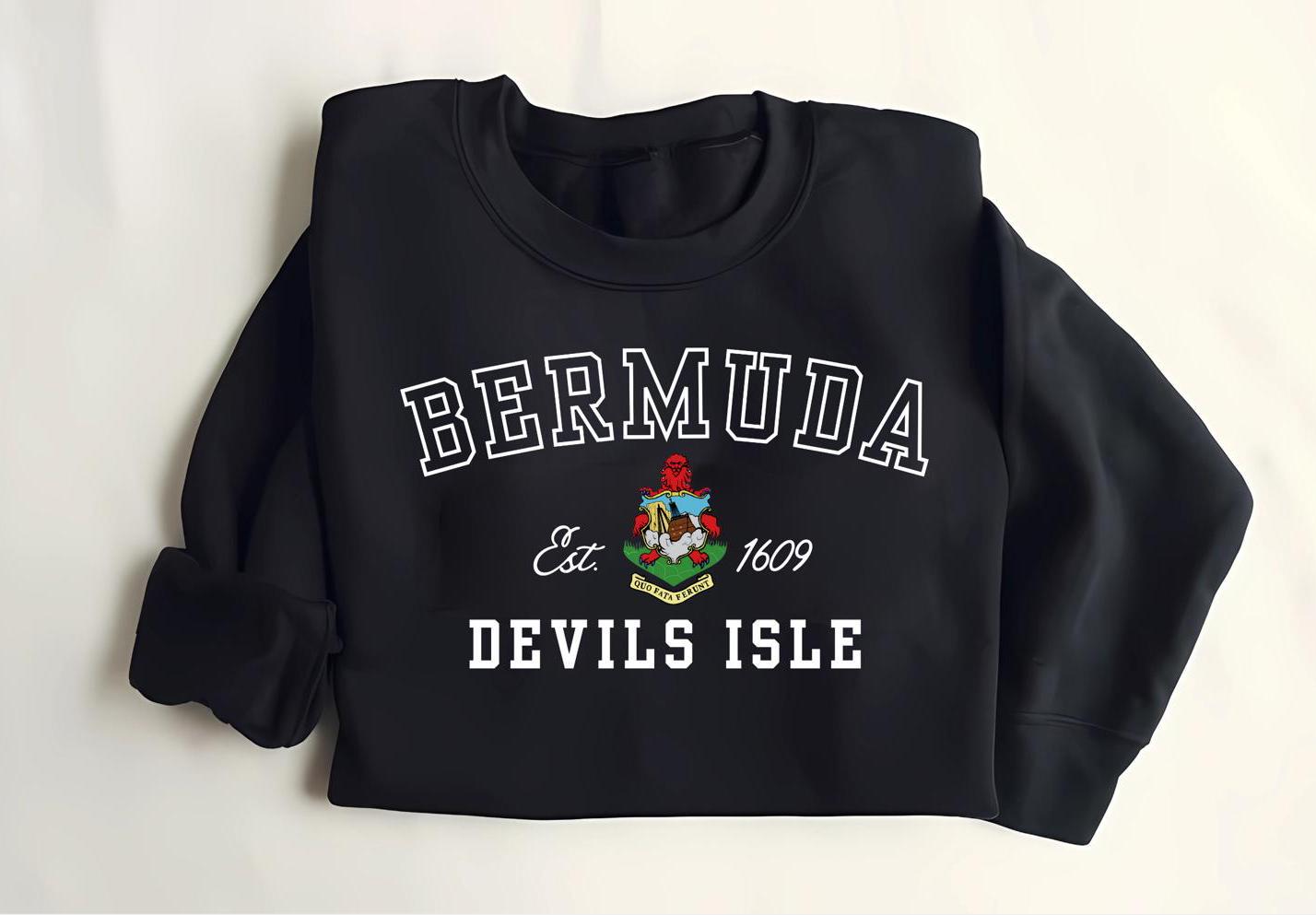 Bermuda Coat of Arms Sweatshirt & Hoodie with &quot;Bermuda&quot; written in Classic College Font. Features the Bermuda Coat of Arms, along with the year Bermuda became independent. Available in multiple colors and unisex.