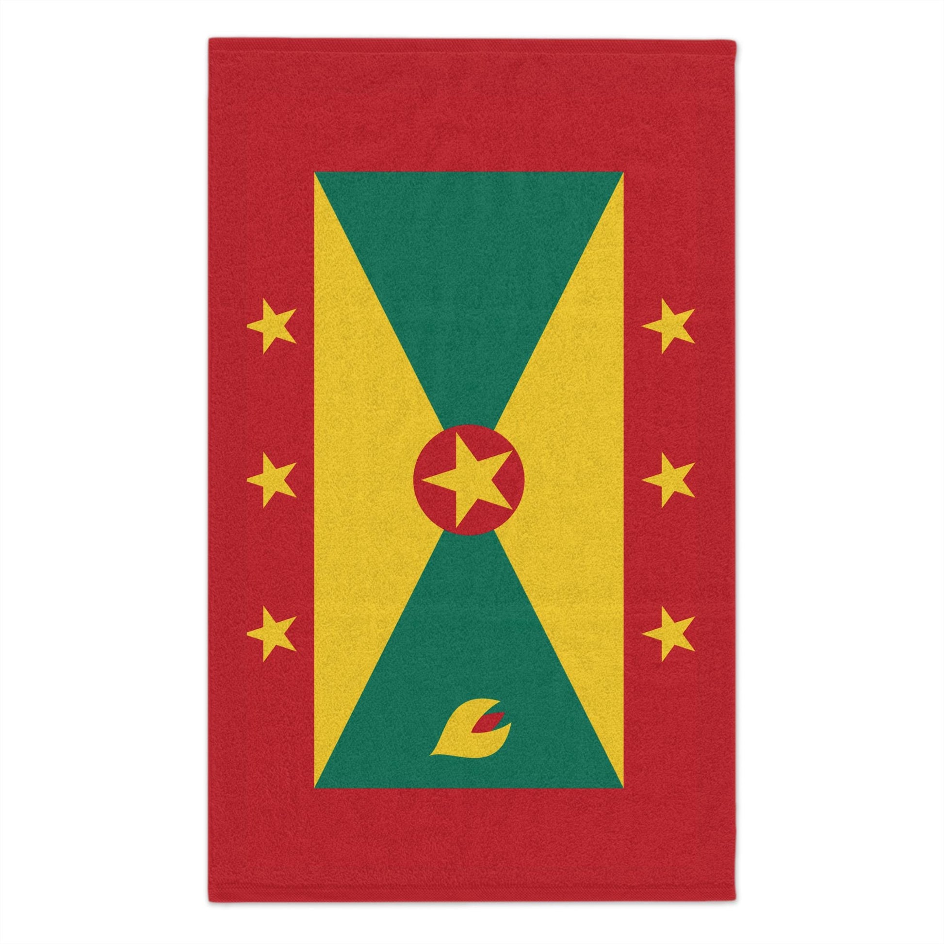 Grenada Flag Towel: Flag with a red background and a yellow, green pattern. A central red circle with a yellow star, surrounded by six yellow stars. Vibrant and bold Grenadian Rag for carnivals, fetes, and parties.