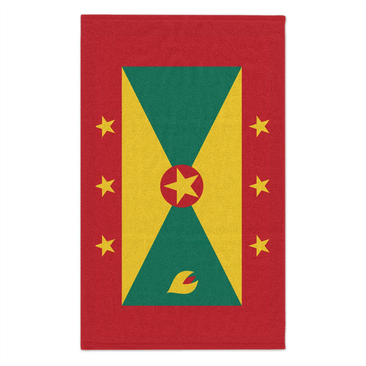 Grenada Flag Towel: Flag with a red background and a yellow, green pattern. A central red circle with a yellow star, surrounded by six yellow stars. Vibrant and bold Grenadian Rag for carnivals, fetes, and parties.