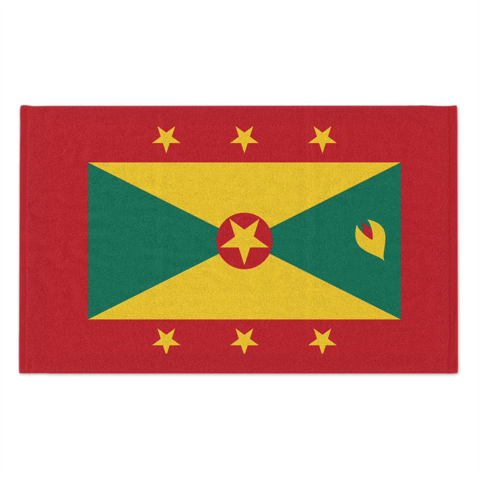 Grenada Flag Towel: Flag with a red background and a yellow, green pattern. A central red circle with a yellow star, surrounded by six yellow stars. Vibrant and bold Grenadian Rag for carnivals, fetes, and parties.