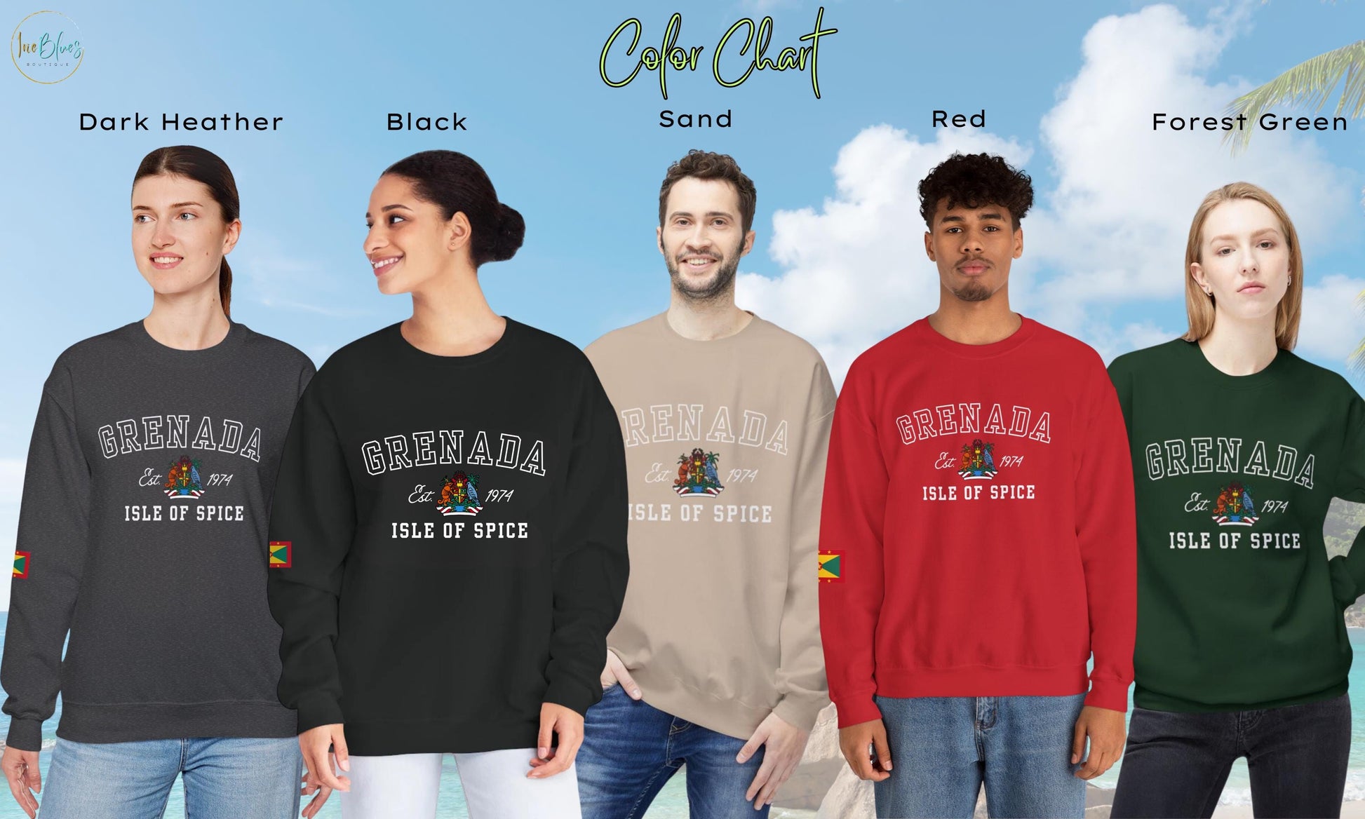 Grenada-inspired varsity sweatshirt featuring the Grenada flag graphic, the island’s independence year, and the Coat of Arms. This stylish sweatshirt showcases bold colors and a design celebrating Grenada’s rich heritage.