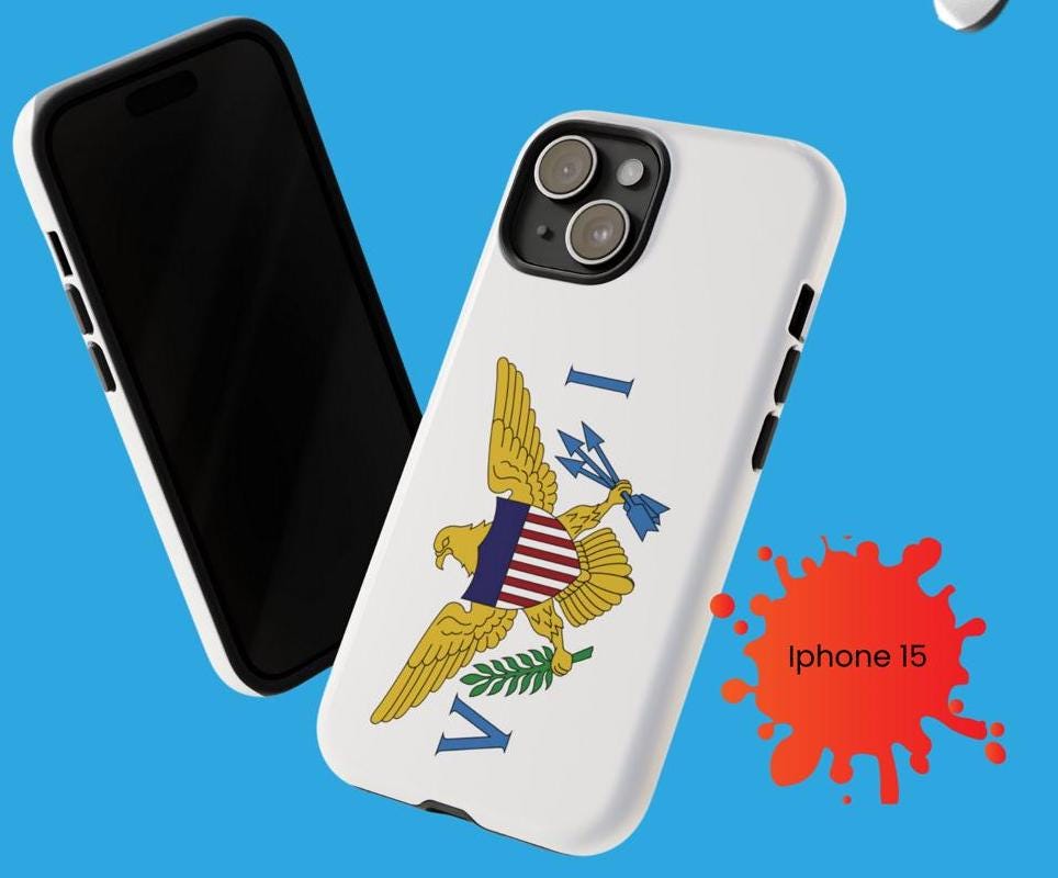 US Virgin Islands Flag Phone Tough Case, with a sleek and durable design. This thin, protective phone case offers excellent coverage for iPhone, and Samsung while displaying the vibrant Virgin Island flag, showing off your Virgin Island pride.