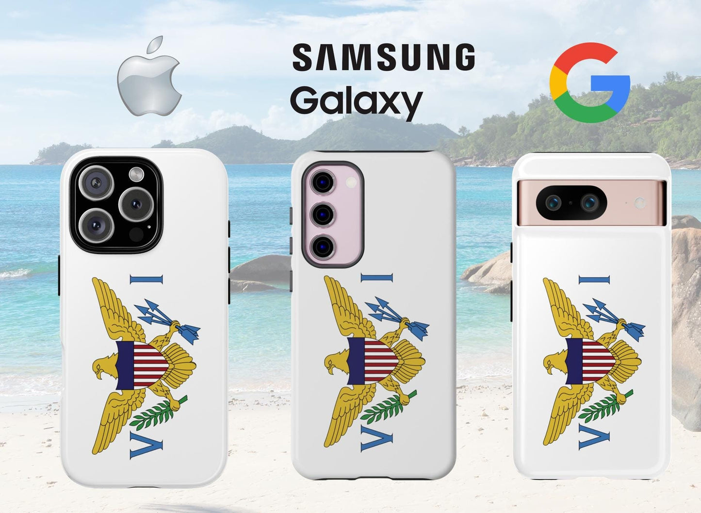 US Virgin Islands Flag Phone Tough Case, with a sleek and durable design. This thin, protective phone case offers excellent coverage for iPhone, and Samsung while displaying the vibrant Virgin Island flag, showing off your Virgin Island pride.