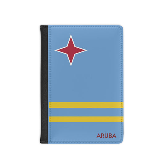 A sleek faux leather passport cover featuring the vibrant flag Aruba, with the country&#39;s name displayed in a stylish font. This travel accessory offers RFID-blocking protection and compartments for cards and boarding passes.