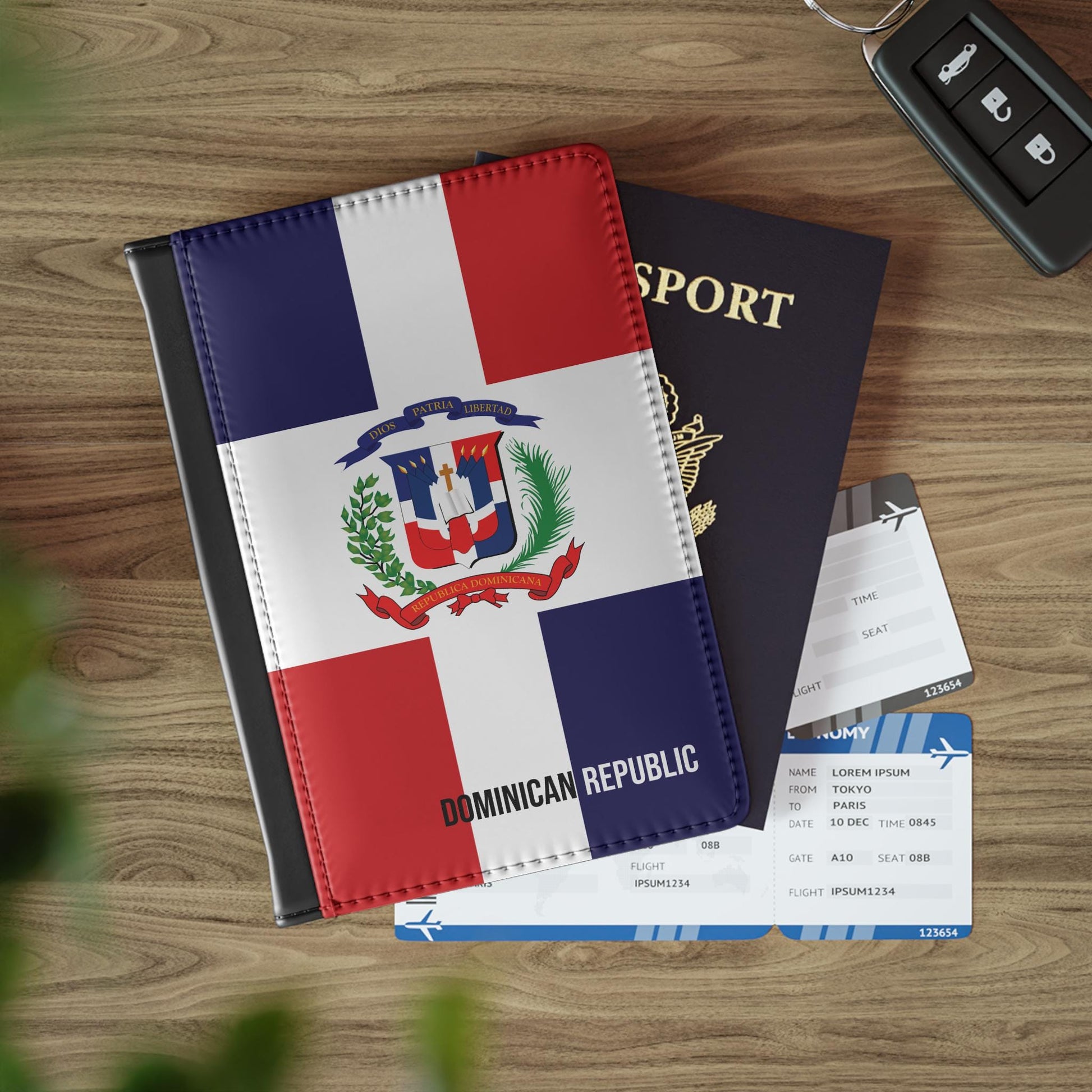 A sleek faux leather passport cover featuring the vibrant flag Dominican Republic, with the country&#39;s name displayed in a stylish font. This travel accessory offers RFID-blocking protection and compartments for cards and boarding passes.