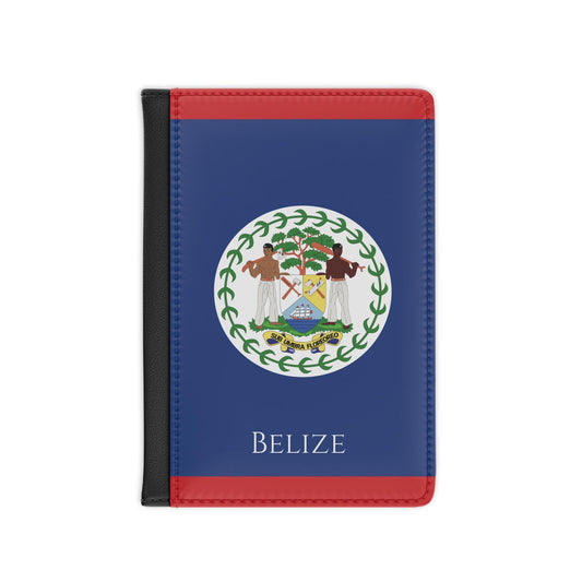 A sleek faux leather passport cover featuring the vibrant flag Belize, with the country&#39;s name displayed in a stylish font. This travel accessory offers RFID-blocking protection and compartments for cards and boarding passes.