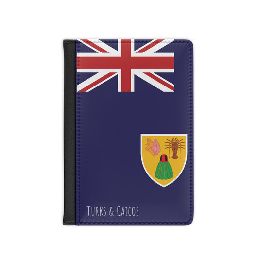 A sleek faux leather passport cover featuring the vibrant flag Turks & Caicos, with the country&#39;s name displayed in a stylish font. This travel accessory offers RFID-blocking protection and compartments for cards and boarding passes.