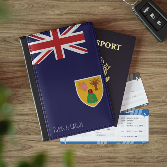 A sleek faux leather passport cover featuring the vibrant flag Turks & Caicos, with the country&#39;s name displayed in a stylish font. This travel accessory offers RFID-blocking protection and compartments for cards and boarding passes.