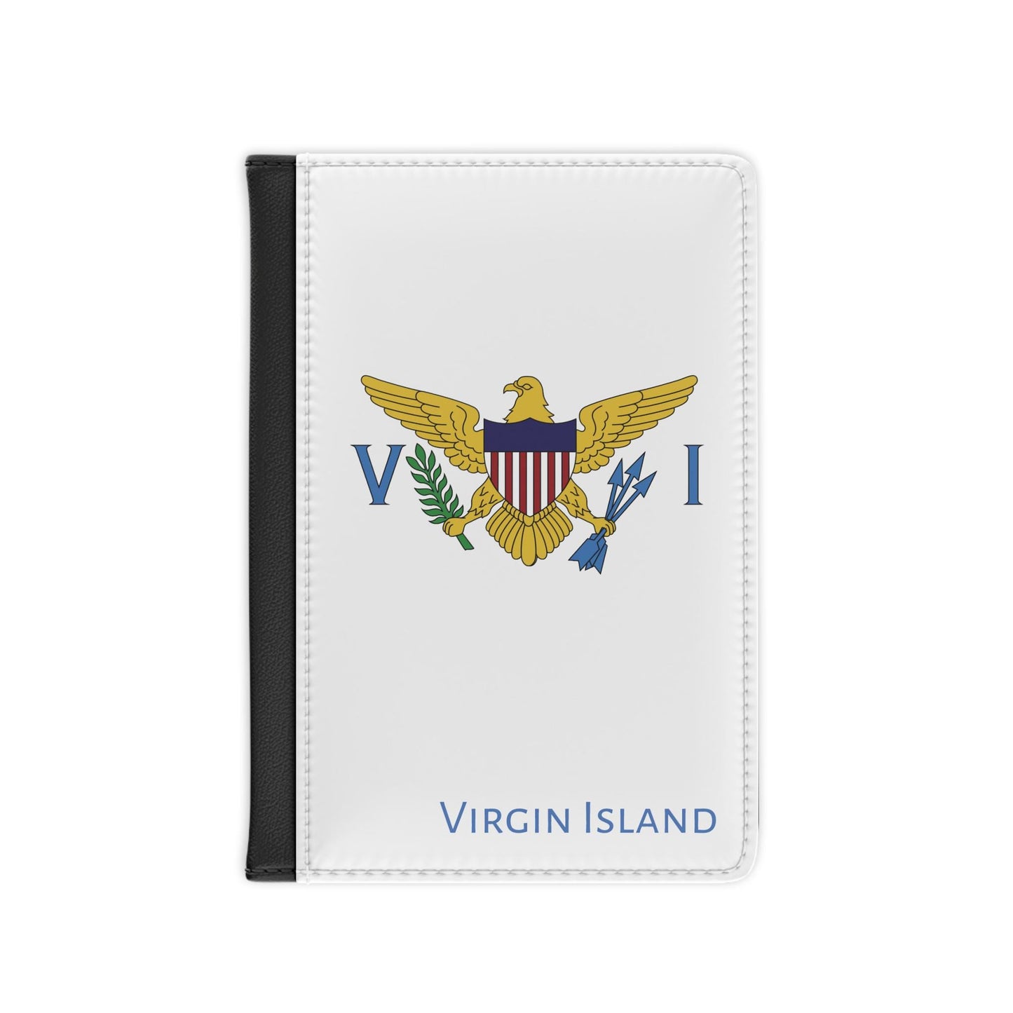 A sleek faux leather passport cover featuring the vibrant flag US Virgin Islands, with the country&#39;s name displayed in a stylish font. This travel accessory offers RFID-blocking protection and compartments for cards and boarding passes.