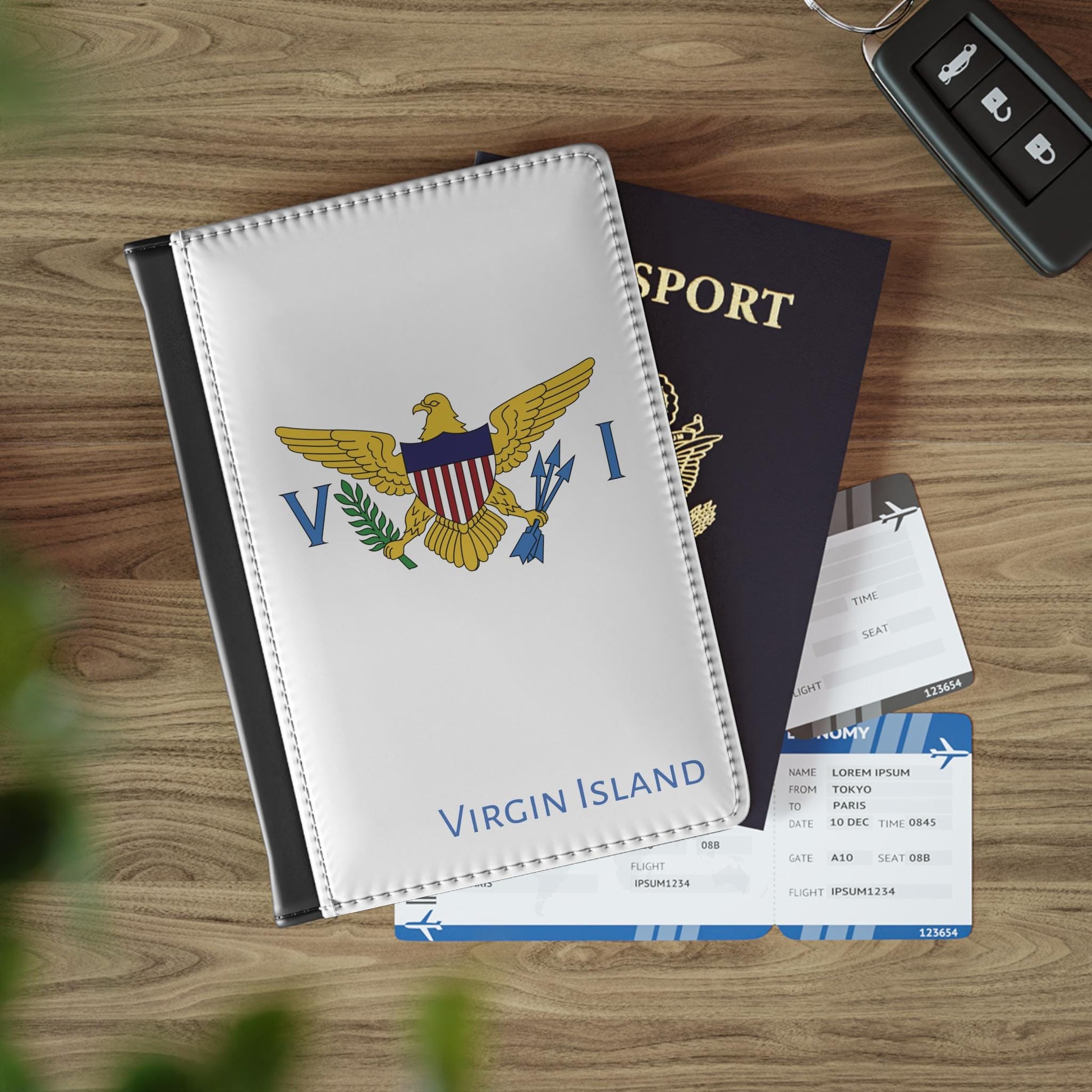 A sleek faux leather passport cover featuring the vibrant flag US Virgin Islands, with the country&#39;s name displayed in a stylish font. This travel accessory offers RFID-blocking protection and compartments for cards and boarding passes.