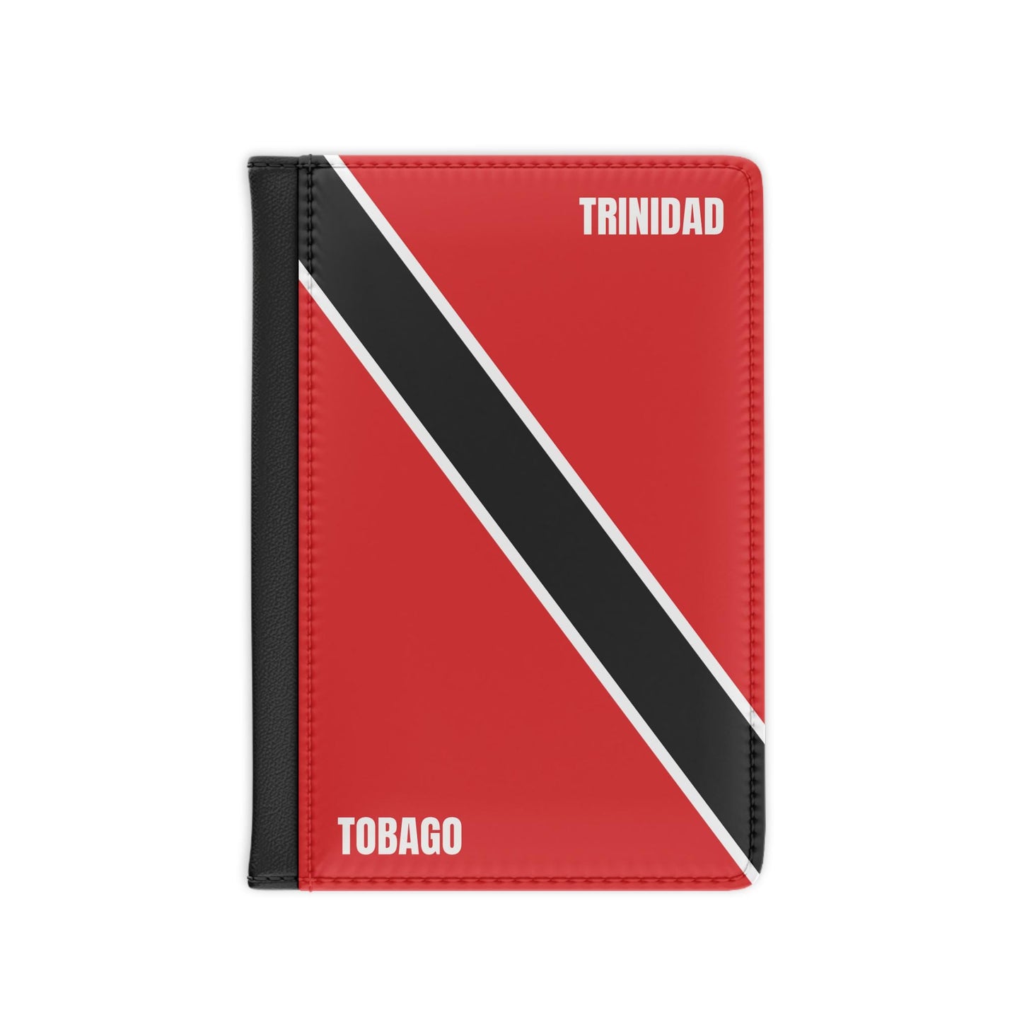 A sleek faux leather passport cover featuring the vibrant flag Trinidad & Tobago, with the country&#39;s name displayed in a stylish font. This travel accessory offers RFID-blocking protection and compartments for cards and boarding passes.