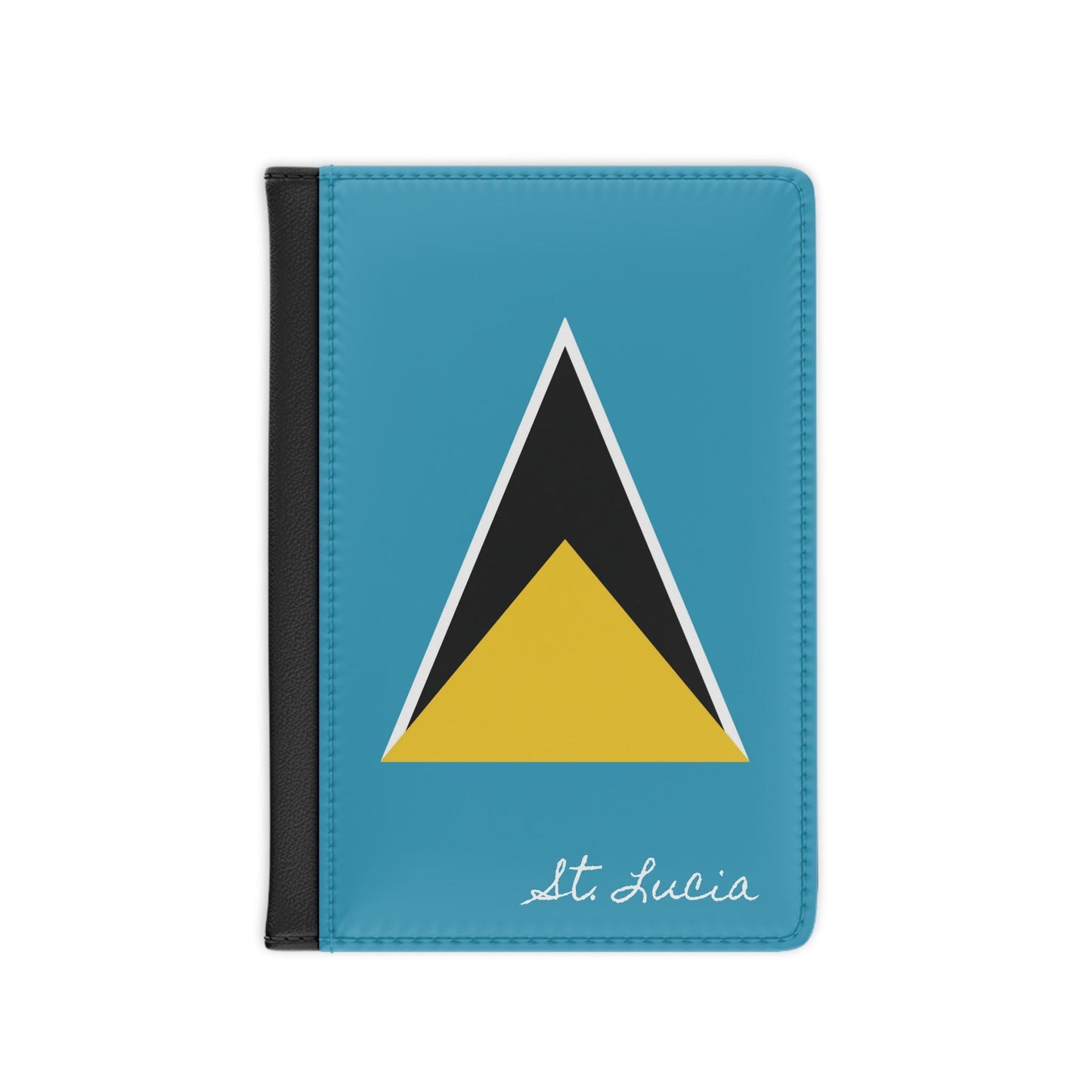 A sleek faux leather passport cover featuring the vibrant flag of Saint Lucia, with the country&#39;s name displayed in a stylish font. This travel accessory offers RFID-blocking protection and compartments for cards and boarding passes.