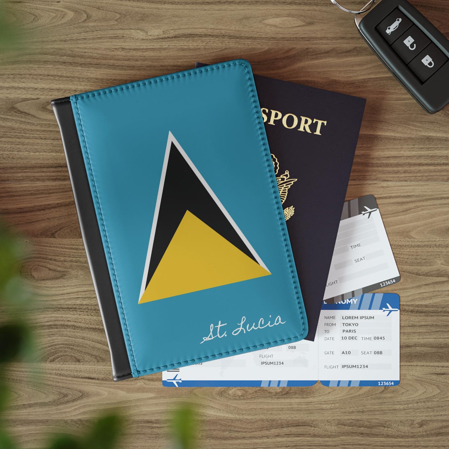 A sleek faux leather passport cover featuring the vibrant flag of Saint Lucia, with the country&#39;s name displayed in a stylish font. This travel accessory offers RFID-blocking protection and compartments for cards and boarding passes.