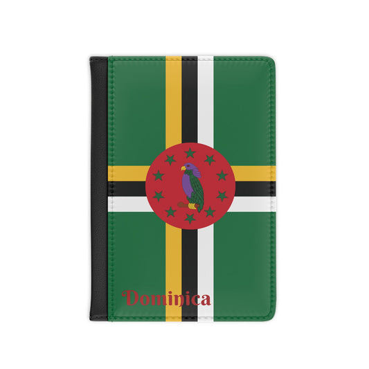 A sleek faux leather passport cover featuring the vibrant flag of Dominica, with the country&#39;s name displayed in a stylish font. This travel accessory offers RFID-blocking protection and compartments for cards and boarding passes.