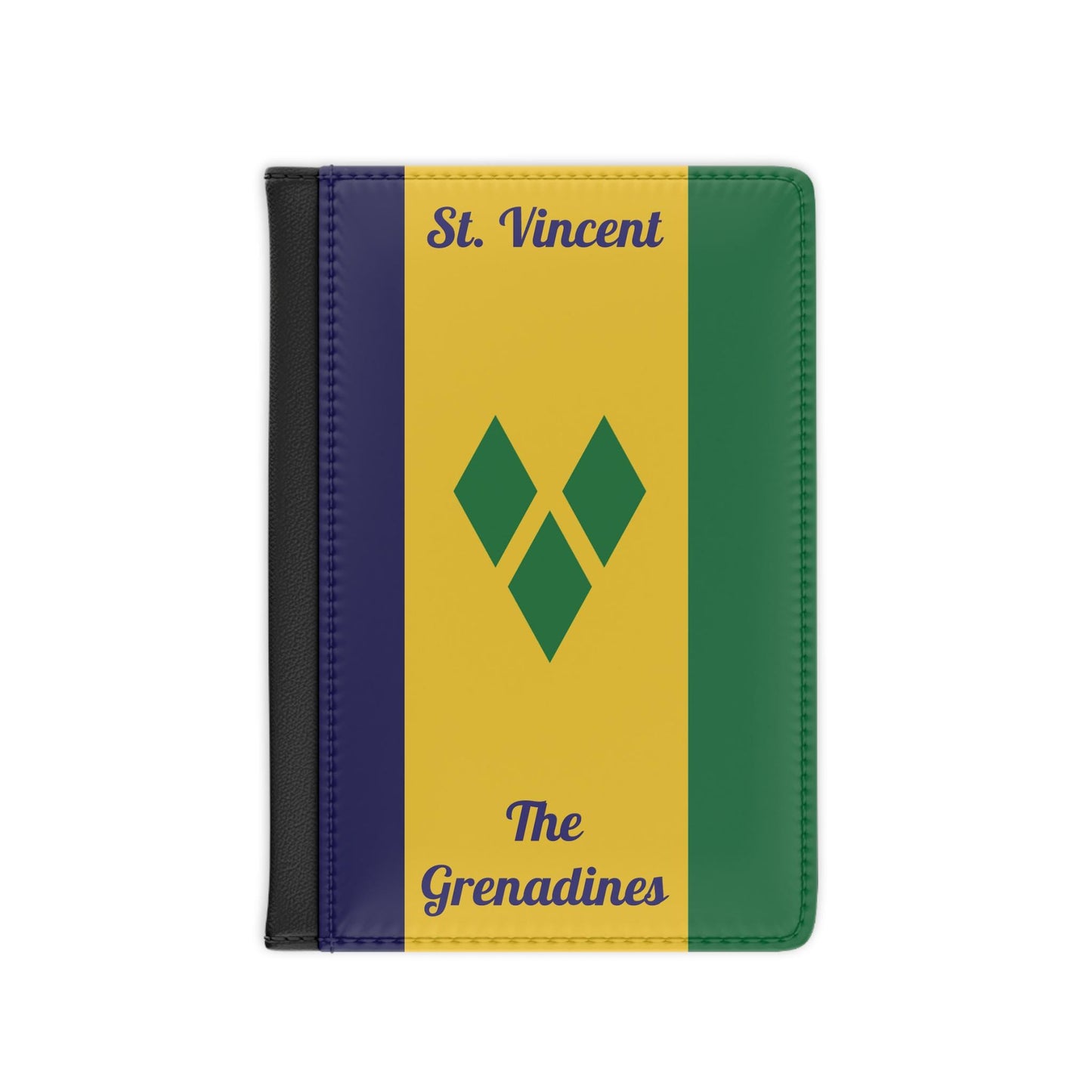 A sleek faux leather passport cover featuring the vibrant flag of St. Vincent & The Grenadines, with the country name displayed in a stylish font. This travel accessory offers RFID-blocking protection and compartments for cards and boarding passes.