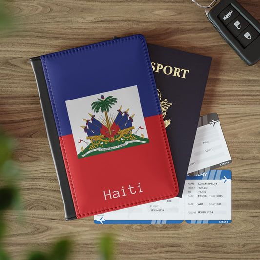 A sleek faux leather passport cover featuring the vibrant flag Haiti, with the country&#39;s name displayed in a stylish font. This travel accessory offers RFID-blocking protection and compartments for cards and boarding passes.