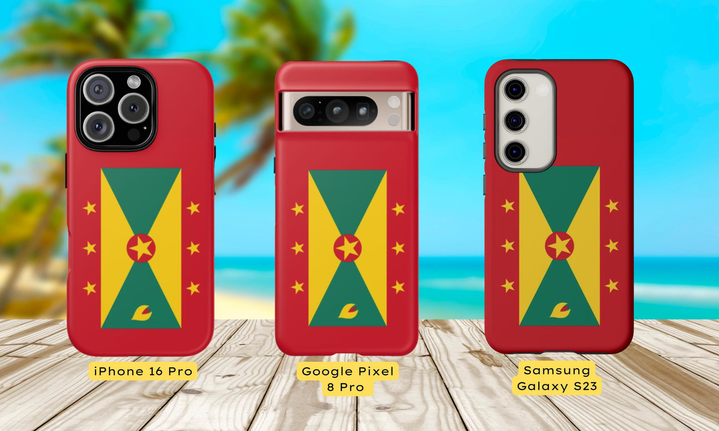 A durable Grenada Flag Tough Phone Case designed to fit iPhone, Samsung, and Google devices. This protective phone case features a Grenada flag design, showcasing the iconic yellow, green, and red color scheme with the star emblem and nutmeg symbol.