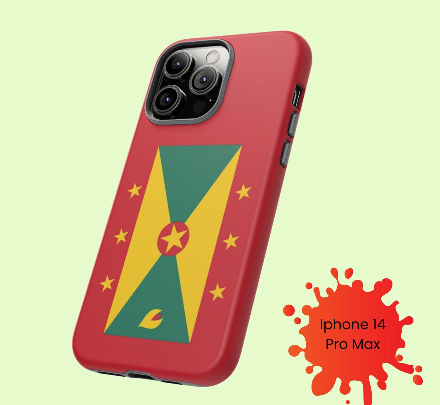 A durable Grenada Flag Tough Phone Case designed to fit iPhone, Samsung, and Google devices. This protective phone case features a Grenada flag design, showcasing the iconic yellow, green, and red color scheme with the star emblem and nutmeg symbol.