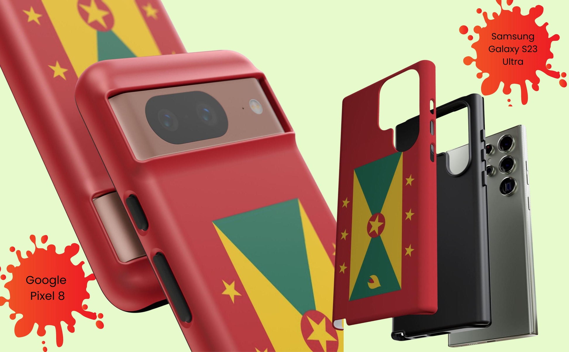 A durable Grenada Flag Tough Phone Case designed to fit iPhone, Samsung, and Google devices. This protective phone case features a Grenada flag design, showcasing the iconic yellow, green, and red color scheme with the star emblem and nutmeg symbol.