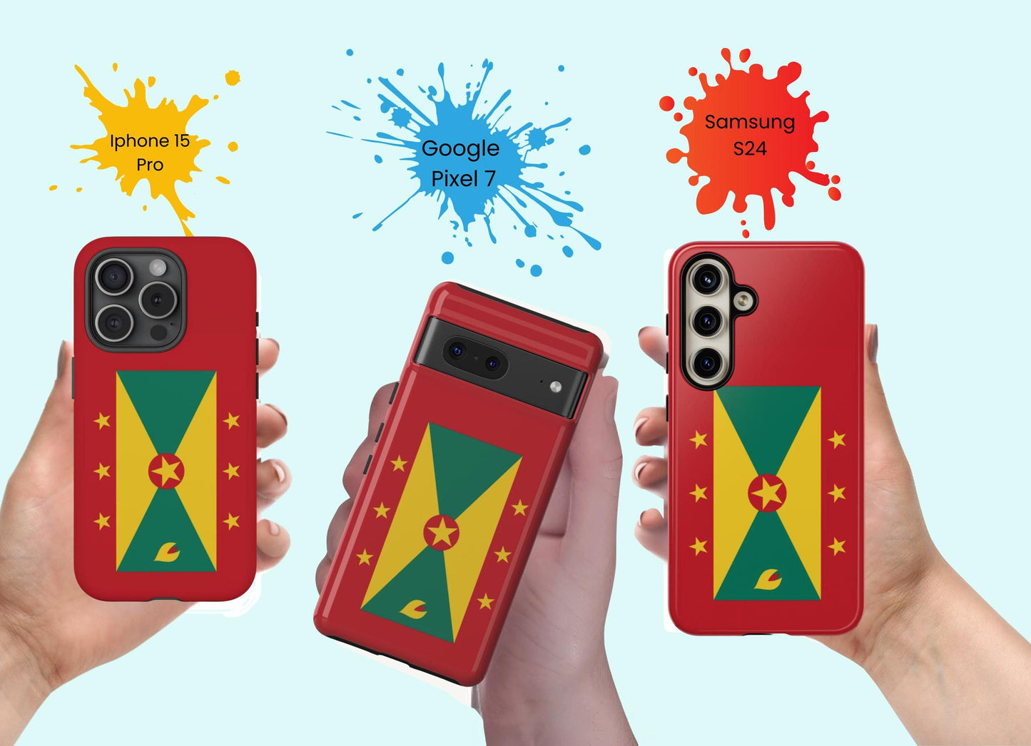 A durable Grenada Flag Tough Phone Case designed to fit iPhone, Samsung, and Google devices. This protective phone case features a Grenada flag design, showcasing the iconic yellow, green, and red color scheme with the star emblem and nutmeg symbol.