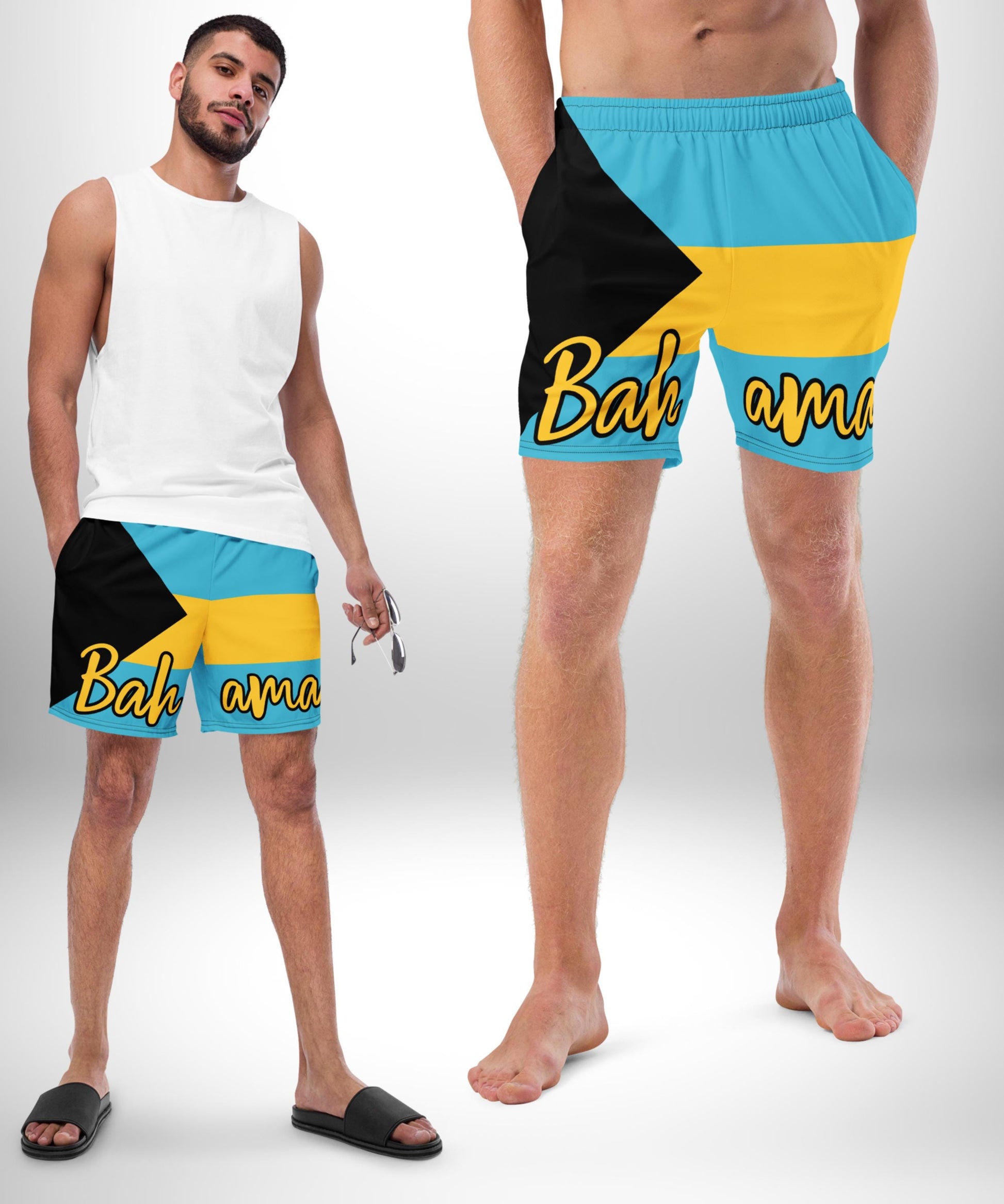 Bahamas Flag Men&#39;s Swim Trunks featuring the vibrant blue, yellow, and black colors of the Bahamian flag. Designed to celebrate Caribbean heritage, these quick-drying swim trunks are stylish and comfortable, with an adjustable waistband.