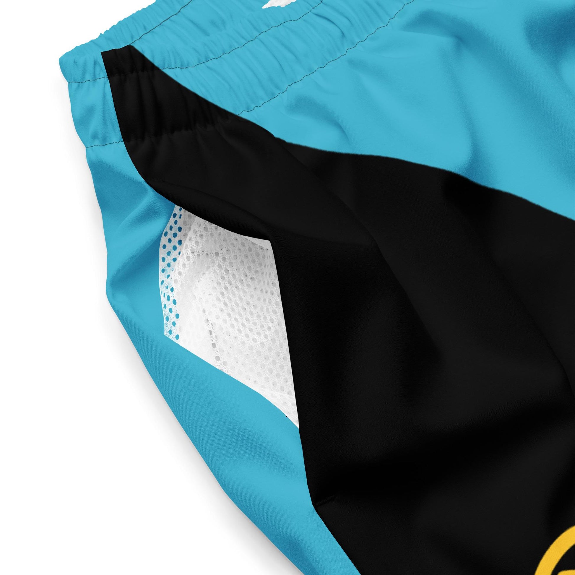 Bahamas Flag Men&#39;s Swim Trunks featuring the vibrant blue, yellow, and black colors of the Bahamian flag. Designed to celebrate Caribbean heritage, these quick-drying swim trunks are stylish and comfortable, with an adjustable waistband.