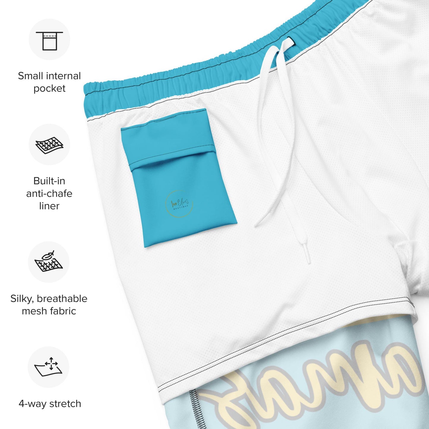 Bahamas Flag Men&#39;s Swim Trunks featuring the vibrant blue, yellow, and black colors of the Bahamian flag. Designed to celebrate Caribbean heritage, these quick-drying swim trunks are stylish and comfortable, with an adjustable waistband.