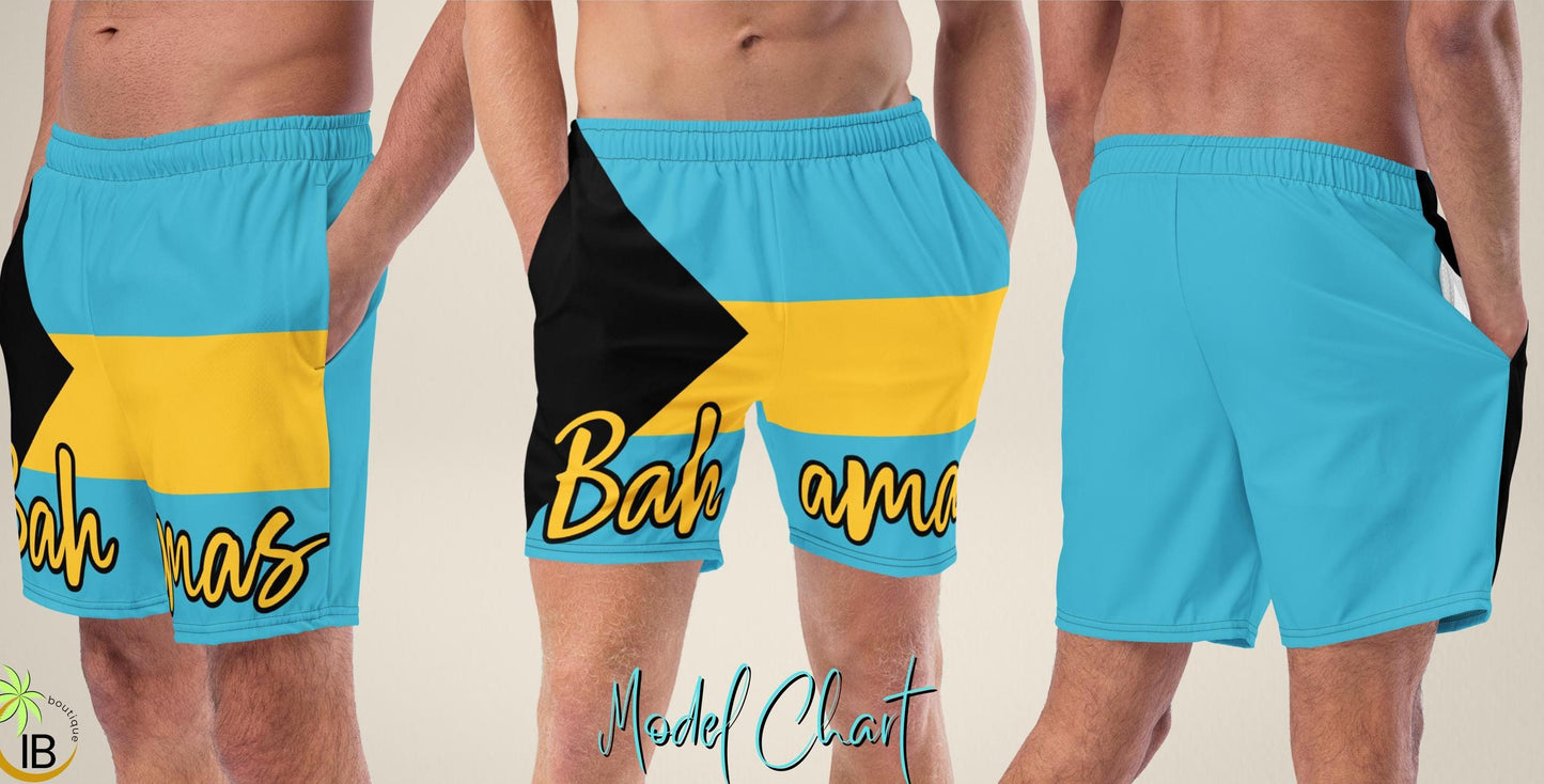 Bahamas Flag Men&#39;s Swim Trunks featuring the vibrant blue, yellow, and black colors of the Bahamian flag. Designed to celebrate Caribbean heritage, these quick-drying swim trunks are stylish and comfortable, with an adjustable waistband.