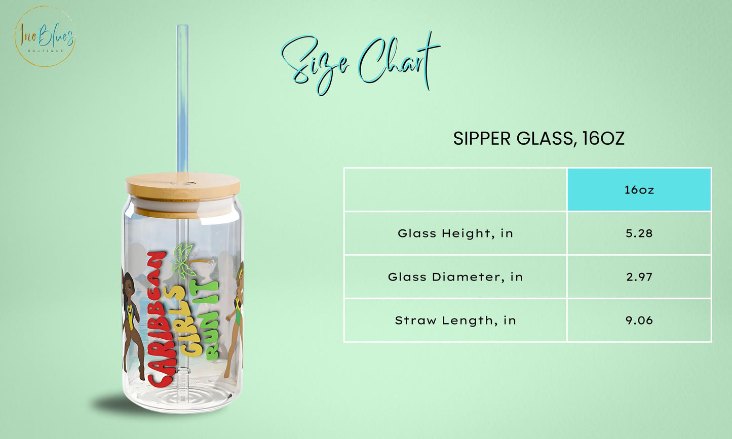 A Caribbean Island Girls Sipper Glass featuring cartoon illustrations of Caribbean island girls. This 16oz tropical drinkware is perfect for juices at Caribbean-themed parties. Designed with bold, playful details the phrase &quot;Caribbean Girls Run It.