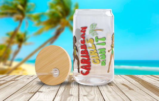 A Caribbean Island Girls Sipper Glass featuring cartoon illustrations of Caribbean island girls. This 16oz tropical drinkware is perfect for juices at Caribbean-themed parties. Designed with bold, playful details the phrase Caribbean Girls Run It.