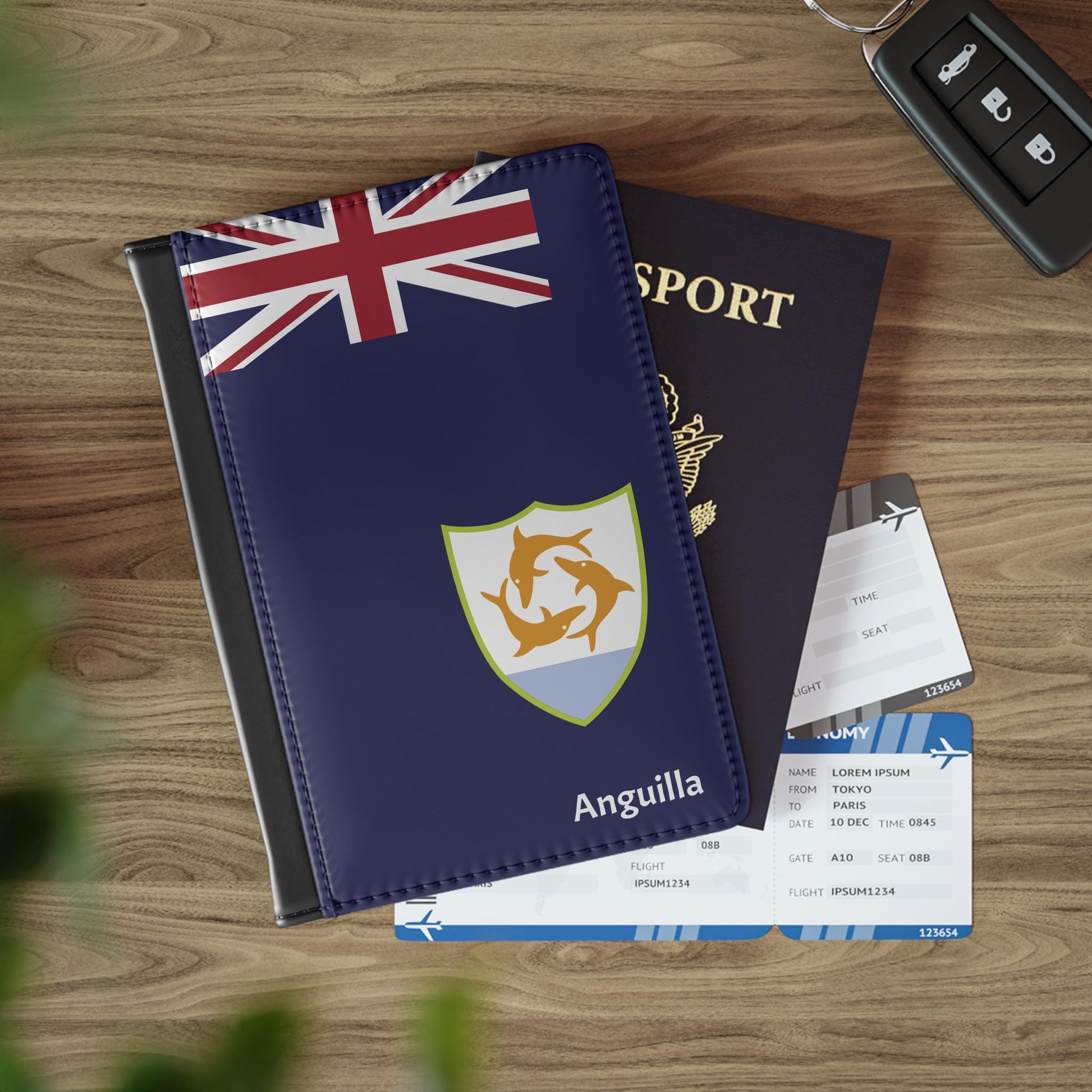 A sleek faux leather passport cover featuring the vibrant flag of Anguilla, with the country&#39;s name displayed in a stylish font. This travel accessory offers RFID-blocking protection and compartments for cards and boarding passes.