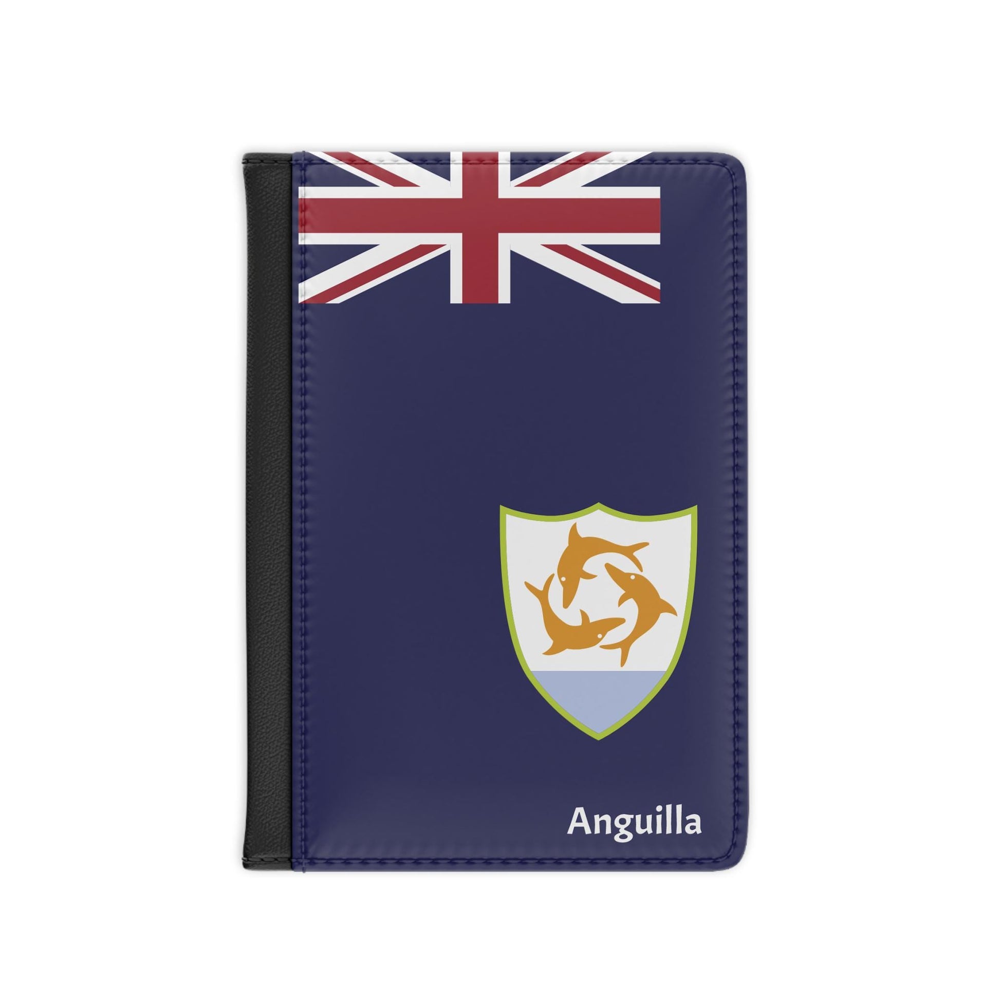 A sleek faux leather passport cover featuring the vibrant flag of Anguilla, with the country&#39;s name displayed in a stylish font. This travel accessory offers RFID-blocking protection and compartments for cards and boarding passes.