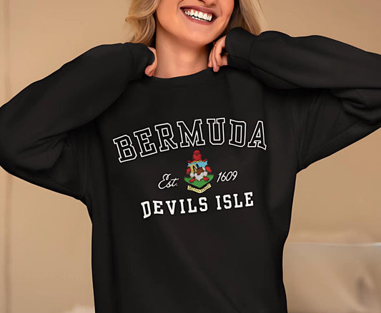 Bermuda Coat of Arms Sweatshirt & Hoodie with &quot;Bermuda&quot; written in Classic College Font. Features the Bermuda Coat of Arms, along with the year Bermuda became independent. Available in multiple colors and unisex.