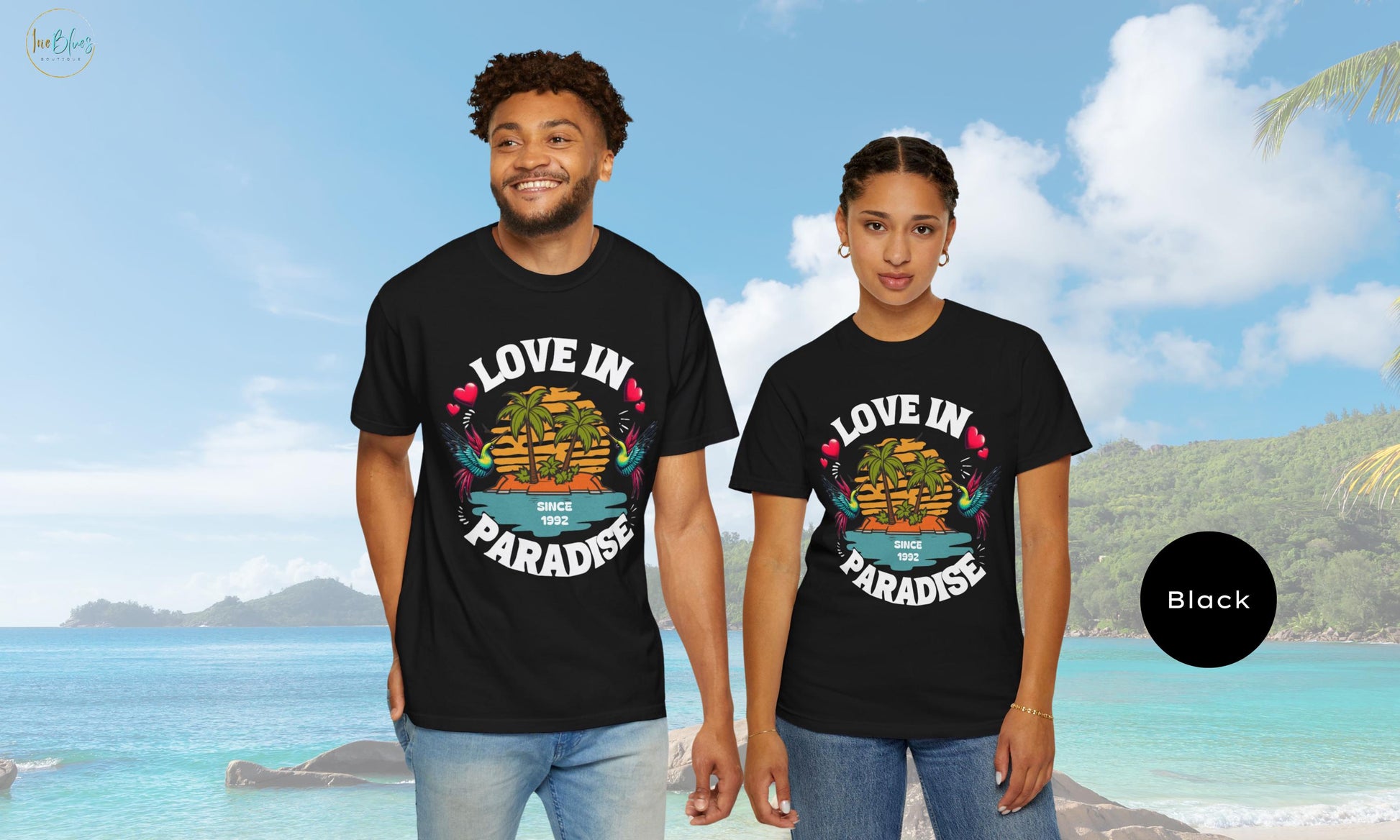 A charming T-shirt featuring two love birds, personalized with the couple&#39;s special date. Perfect for Valentine&#39;s Day or any romantic occasion, especially a cruise.