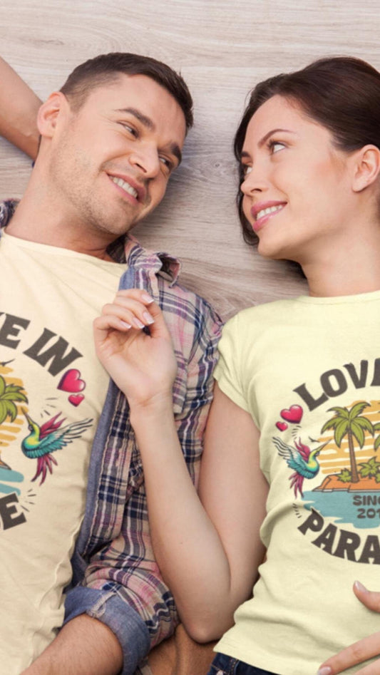 A charming T-shirt featuring two love birds, personalized with the couple&#39;s special date. Perfect for Valentine&#39;s Day or any romantic occasion, especially a cruise.