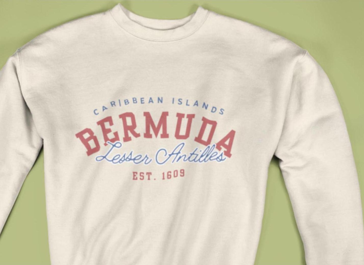 A stylish Bermuda Sweatshirt with a vintage design celebrating Bermuda and Caribbean island vibes. This soft crewneck pullover features bold text and graphics, perfect for beach lovers and showcasing Bermuda pride, including its independence.