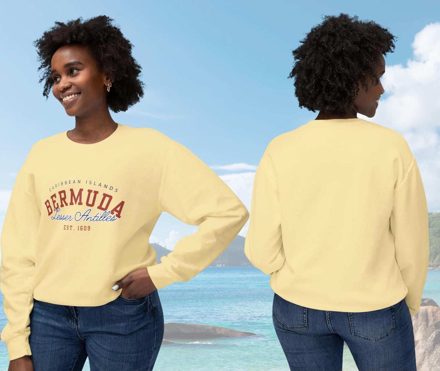 A stylish Bermuda Sweatshirt with a vintage design celebrating Bermuda and Caribbean island vibes. This soft crewneck pullover features bold text and graphics, perfect for beach lovers and showcasing Bermuda pride, including its independence.